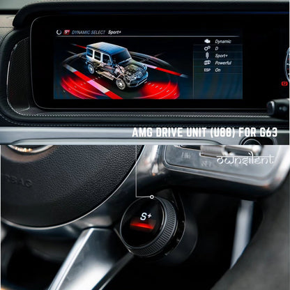 "Completed installation view of the AMG Drive Unit Button Retrofit on a 2018+ AMG model steering wheel, showcasing added controls for enhanced vehicle functionality."