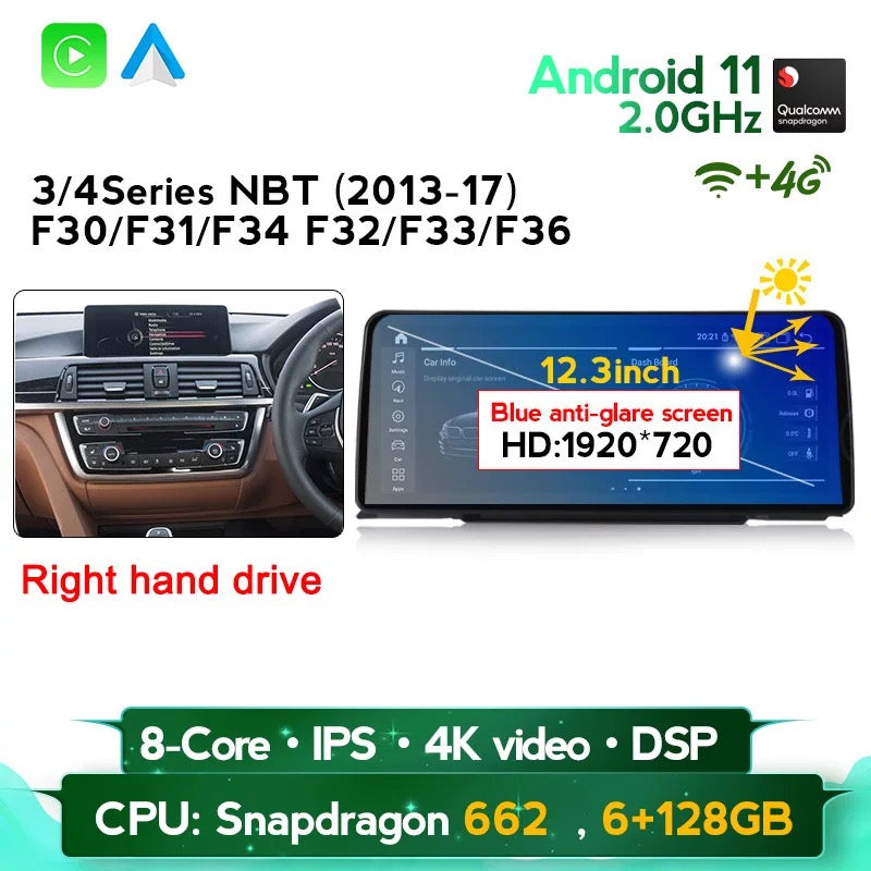 Android 12 12.3'' BMW 3/4 Series NBT 2013-17 F30 Carplay Support 4G LTE